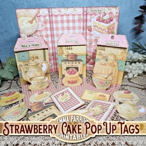 Strawberry Cake Junk Journal Printable | Trifold Folio with 3 Pop Up Tags | Vintage Bakery Dessert Ephemera - Cricut tested