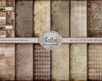 Pode incluir: Uma coleção de designs de papel digital com tema de café vintage. Os papéis apresentam texturas envelhecidas, manchas de café e anúncios antigos. A paleta de cores inclui tons de castanho, bege e creme. O texto no papel inclui "Roasted Coffee" e "Ozama Coffee".