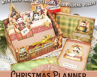 Puede incluir: Planificador de Navidad imprimible con un diseño de cuadros rojos y verdes. El planificador incluye secciones para regalos, tarjetas de Navidad, listas de la compra y un planificador general. El planificador presenta lindas ilustraciones de ratones.