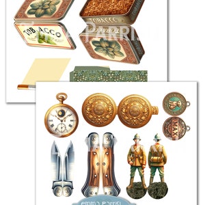 May include: A collection of vintage items including two tobacco tins with the word "Tobacco" printed on them, a pocket watch, two ornate gold buttons, a pocket knife, a pair of folding knives, two toy soldiers, and two medals. The image is titled "Grandpa's Treasures".