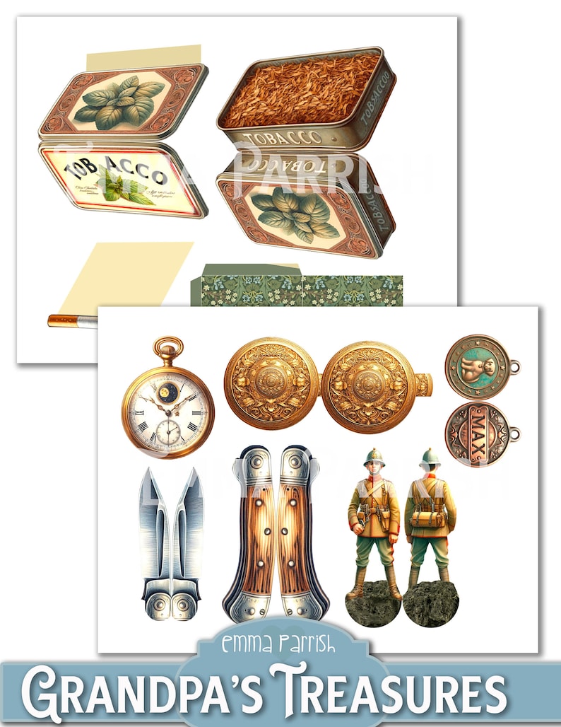 May include: A collection of vintage items including two tobacco tins with the word "Tobacco" printed on them, a pocket watch, two ornate gold buttons, a pocket knife, a pair of folding knives, two toy soldiers, and two medals. The image is titled "Grandpa's Treasures".