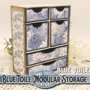 Modular Storage System, Printable, Blue Toile, Papercraft, Craft Storage Drawers, Cricut, Junk Journal, Video Tutorial, Apothecary Drawers