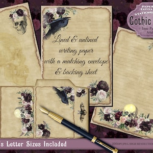Juego de papelería digital imprimible de Halloween vintage, papelería imprimible de rosas góticas con sobres, juego de escritura de cartas, romance gótico
