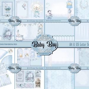 Baby Boy Junk Journal afdrukbare digitale downloadkit, nieuw babyboek, collage, babyboekdagboekpagina's, blauwe vintage scrapbookpapier downloaden