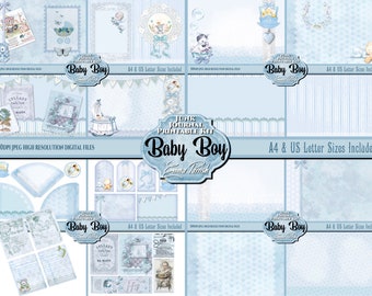 Zestaw do druku dziennika dla chłopca „Baby Boy Junk Journal”, książka dla noworodka, kolaż, strony dziennika dla dziecka, niebieski papier vintage do scrapbookingu