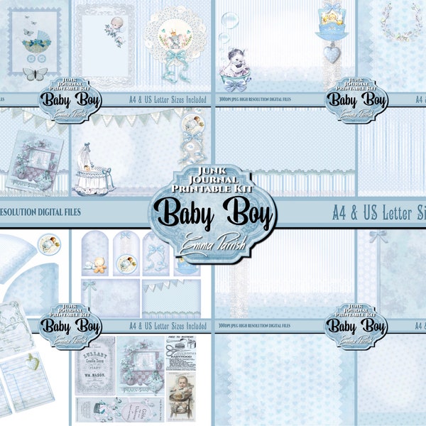 Baby Boy Junk Journal Printable Digital Download Kit, New Baby Book, Collage, Baby Book Journal pages, Blue Vintage Download Scrapbook Paper