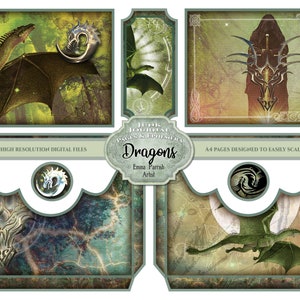 May include: A digital paper pack with a green, brown, and gold color scheme featuring dragons and a title that reads "Junk Journal Pages & Ephemera Dragons".