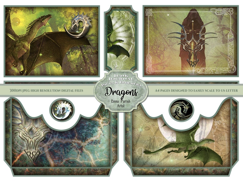 May include: A digital paper pack with a green, brown, and gold color scheme featuring dragons and a title that reads "Junk Journal Pages & Ephemera Dragons".