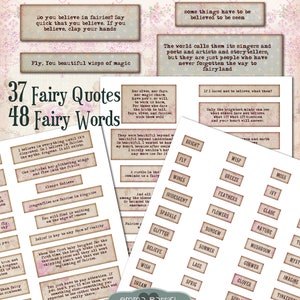 May include: Printable set of 37 fairy quotes and 48 fairy words. The words are printed on brown and pink rectangular labels with a vintage aesthetic. The words include "believe", "wish", "dream", "fly", "wings", "sparkle", "glitter", "nature", "moss", "ivy", "glade", "sublime", "tinkerbell", "imagine", "cobweb", "mushroom", "summer", "lace", "spring", "clover", "sundew", "flowers", "feathers", "breeze", "wisp", "bright".