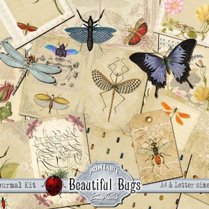 Kit di diario di cianfrusaglie Beautiful Bugs, pagine stampabili di farfalle, carta digitale di insetti, libellula, Beatles, natura, carte collage, vintage