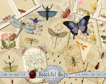 Beautiful Bugs Junk Journal Kit, Butterfly Printable Pages, Insect Digital Paper, Dragonfly, Beatles, Nature, Collage papers, Vintage