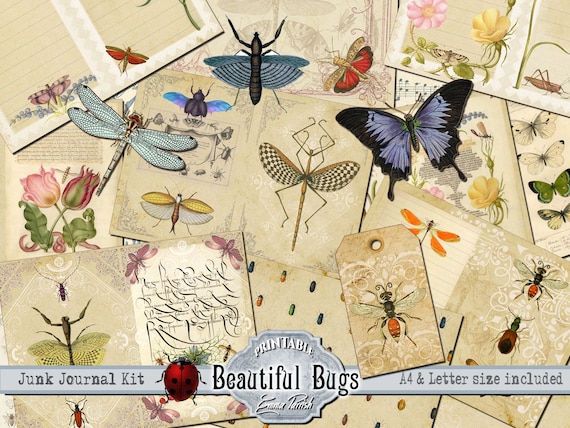 Beautiful Bugs Junk Journal Kit, Butterfly Printable Pages, Insect Digital Paper, Dragonfly, Beatles, Nature, Collage papers, Vintage