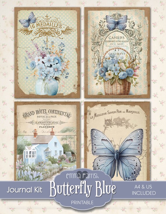 Dreamy BLUE Junk Journal Kit, Printable Journaling Pages, Tags, Pockets,  Butterflies, Fairies, Vintage Ephemera, Digital Collage Sheets 