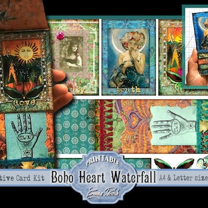 Kit de tarjetas con cascadas para imprimir en estilo boho, paquete adicional digital para diario basura, juego de etiquetas con tapas giratorias de efímeras gitanas vintage, tarjeta interactiva