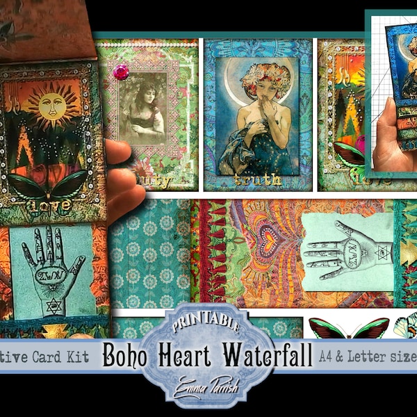 Boho Printable Waterfall Card kit, Junk Journal Digital add on Pack, Vintage Gypsy Ephemera Flip Tag Set,  Interactive Card