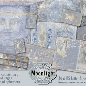 Moon Junk Journal Printable Kit, Moonlight Witch Journal, Celestial Journal Paper Set, Pagan Vintage Ephemera Pages, Moon Child digital set