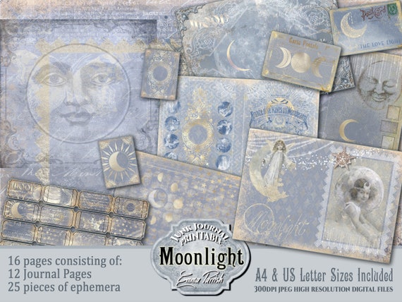 Moon Junk Journal Printable Kit, Moonlight Witch Journal, Celestial Journal Paper Set, Pagan Vintage Ephemera Pages, Moon Child digital set