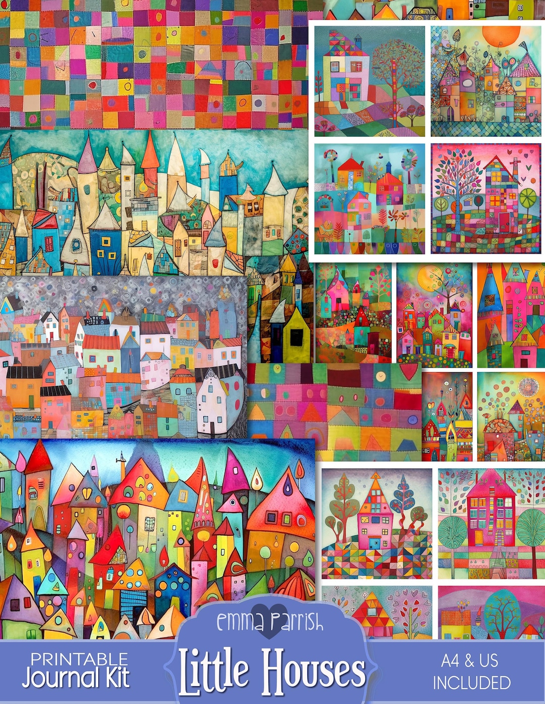 Houses Junk Journal Kit, Bright Colors, Whimsical Background, House ...
