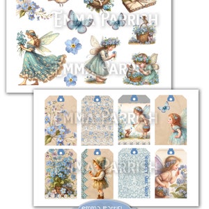 May include: A set of printable digital tags featuring forget-me-not flowers and fairies. The tags are in a vintage style with a light blue and brown color scheme. The text on the tags reads "Forget Me Not" and "Emma Parrish".