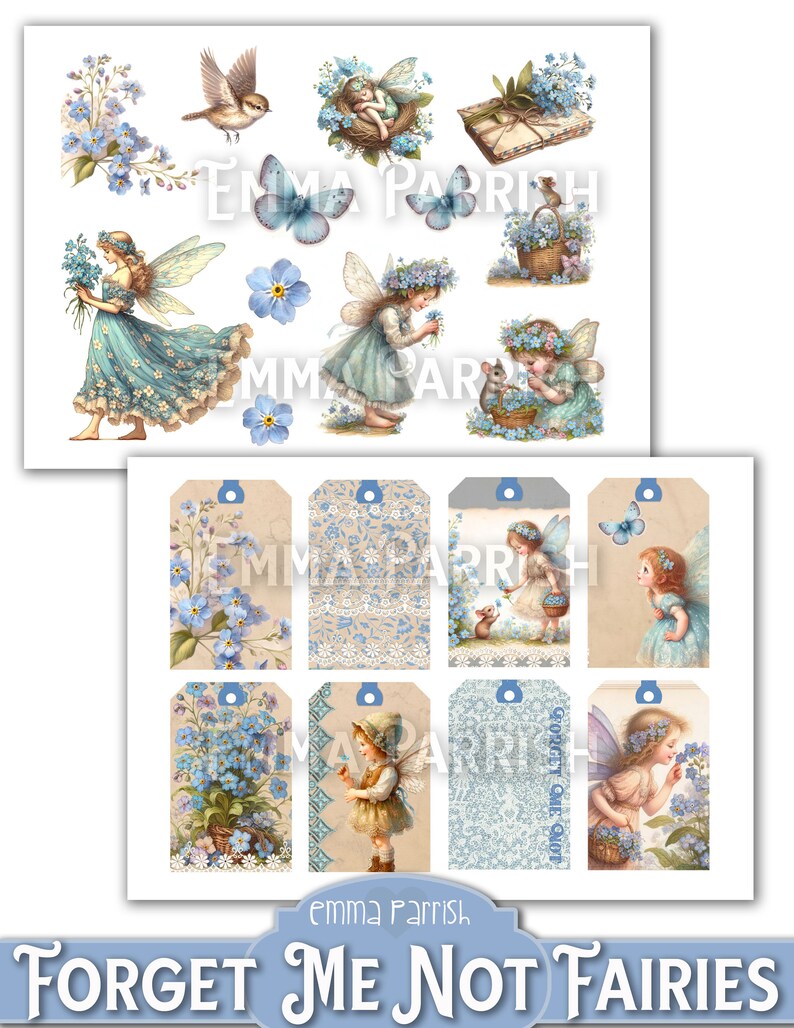 May include: A set of printable digital tags featuring forget-me-not flowers and fairies. The tags are in a vintage style with a light blue and brown color scheme. The text on the tags reads "Forget Me Not" and "Emma Parrish".