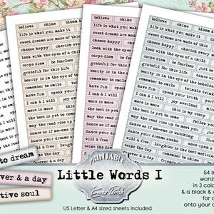 Junk Journal Words, Printable Inspirational Words & phrases, Vintage Paper Ephemera, Old Typewriter Embellishments, Scrapbook Collage