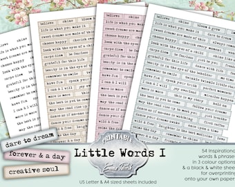 Junk Journal Words, Printable Inspirational Words & phrases, Vintage Paper Ephemera, Old Typewriter Embellishments, Scrapbook Collage