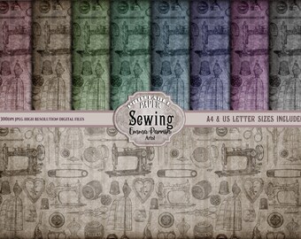 May include: Set of six digital paper designs featuring a vintage sewing theme. The papers are in shades of brown, green, blue, and purple with a distressed, textured look. The designs include sewing machines, thimbles, spools of thread, scissors, and other sewing tools.