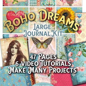 Kit de diario basura imprimible bohemio, efímera étnica, gitana, hippie vintage, paquete grande, 6 tutoriales, desplegable, fabricación de tarjetas, descarga de álbum de recortes