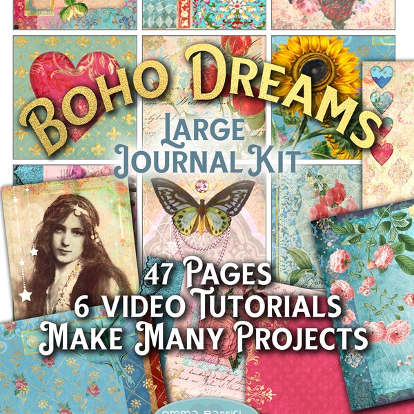 Boho Printable Junk Journal kit, Vintage Hippie, Gypsy, Ethnic Ephemera, Big Bundle, 6 Tutorials, Pop Up, Card Making, Scrapbook Download