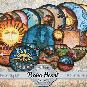 Bolsillos circulares imprimibles de estilo bohemio, etiquetas anidadas, diario basura, juego de bolsillos redondos de efímeras gitanas vintage, collage de tarjetas coloridas