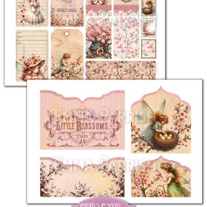 May include: Digital collage sheet featuring a fairy with pink wings and a floral crown, surrounded by cherry blossoms. The sheet includes various vintage-style tags, labels, and floral patterns. The text "Little Blossoms Piano" is featured on one of the tags. The sheet is titled "Cherry Blossom Fairy" and is by Emma Parrish.
