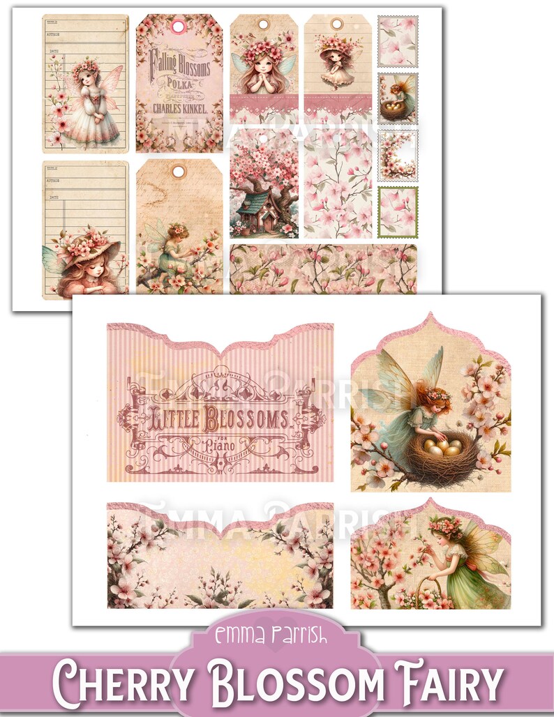 May include: Digital collage sheet featuring a fairy with pink wings and a floral crown, surrounded by cherry blossoms. The sheet includes various vintage-style tags, labels, and floral patterns. The text "Little Blossoms Piano" is featured on one of the tags. The sheet is titled "Cherry Blossom Fairy" and is by Emma Parrish.