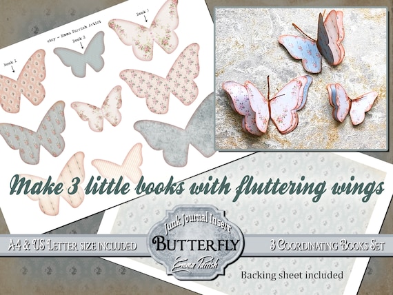 Printable Vintage Butterfly Kit, Junk Journal, Printable Butterfly Insert Ephemera, Journaling Notebook, Scrapbook, Collage, 3 book set