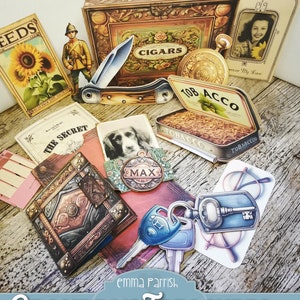 May include: A collection of vintage items, including a cigar box, a pocket knife, a tobacco tin, a book, a key, a pair of glasses, a photo frame, a toy soldier, and a sunflower seed packet. The items are arranged on a wooden surface and have a rustic, antique aesthetic. The text "Grandpa's Treasures" is printed on the bottom of the image.