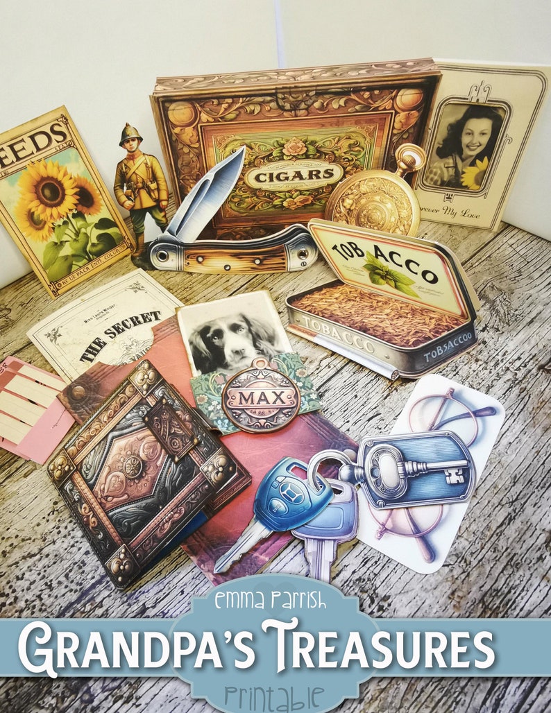 May include: A collection of vintage items, including a cigar box, a pocket knife, a tobacco tin, a book, a key, a pair of glasses, a photo frame, a toy soldier, and a sunflower seed packet. The items are arranged on a wooden surface and have a rustic, antique aesthetic. The text "Grandpa's Treasures" is printed on the bottom of the image.