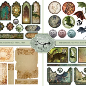 May include: A digital collage sheet featuring dragons, with a variety of images including dragon wings, dragon heads, and dragon scales. The sheet is designed for use in junk journals and other paper crafts. The text on the sheet reads "Junk Journal Pages Ephemera Dragons".