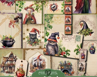 May include: Printable digital journal kit with a witch, owl, cat, and other whimsical illustrations. The kit includes a variety of papers, tags, and embellishments with a festive Christmas theme. The text "Merry Witchmas" is featured in the center of the image.