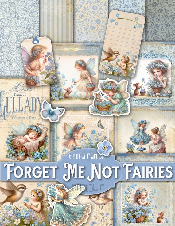 Vintage Forget Me Not Fairies Printable Kit, Whimsical Floral Fairy Digital Download for Junk Journal, Scrapbooking, Crafting, Fairy Clipart