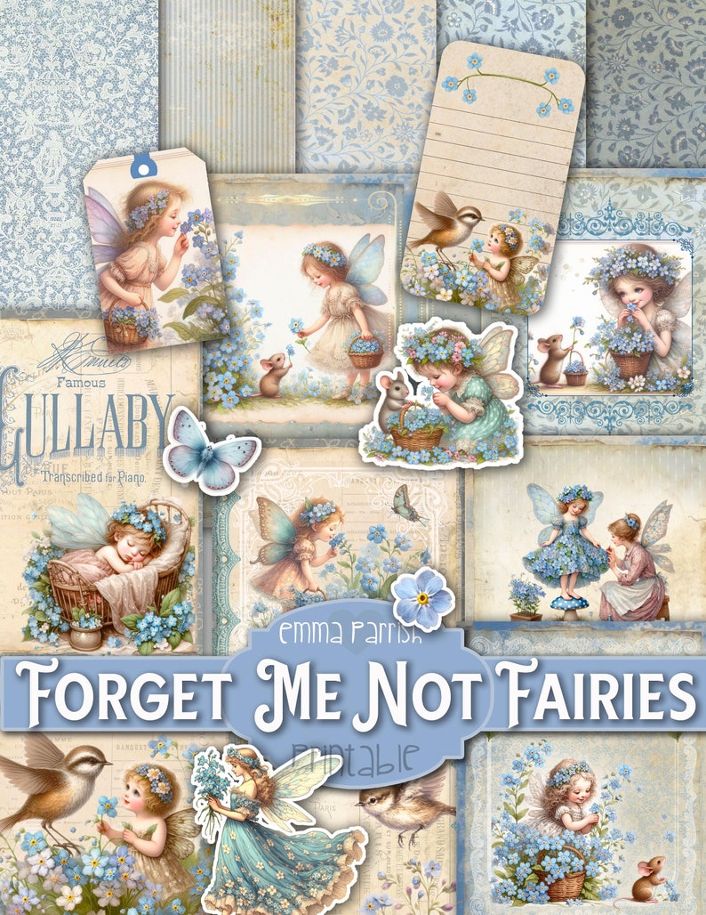 May include: A digital collage sheet featuring forget-me-not flowers, fairies, and birds. The sheet includes various images, including a sleeping baby fairy, a fairy holding a basket of flowers, and a fairy with a bird on her shoulder. The sheet is titled "Forget Me Not Fairies" and is labeled "Printable".