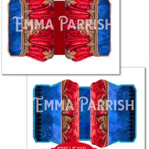 K&ouml;nnte beinhalten: Ein roter und blauer gemusterter Journal-Umschlag mit goldenen Akzenten und dem Text "EMMA PARRISH" und "MAGIC!"  Journaling Folio. Ein Erlebnis, das seinesgleichen sucht!"