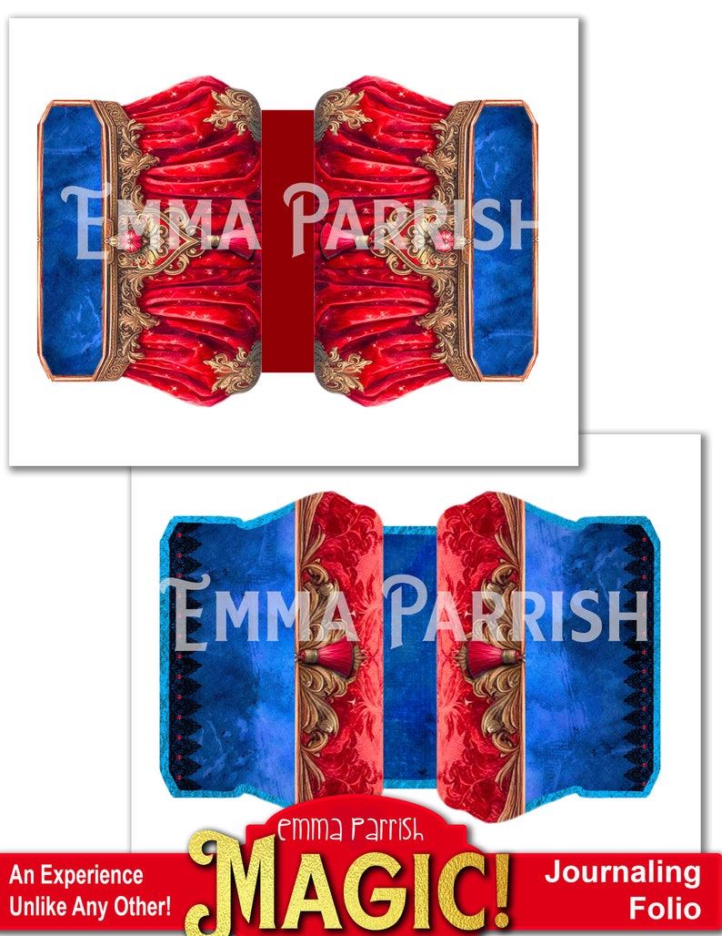 K&ouml;nnte beinhalten: Ein roter und blauer gemusterter Journal-Umschlag mit goldenen Akzenten und dem Text "EMMA PARRISH" und "MAGIC!"  Journaling Folio. Ein Erlebnis, das seinesgleichen sucht!"