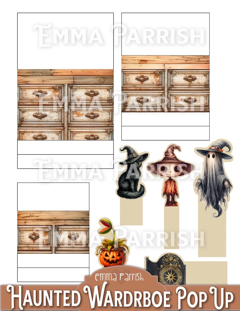 May include: A pop-up haunted wardrobe card craft kit featuring a vintage wooden dresser, a black cat, a ghost, a witch, and a plant with a jack-o-lantern. The kit includes the text "Haunted Wardrobe Pop Up" and "Emma Parrish".