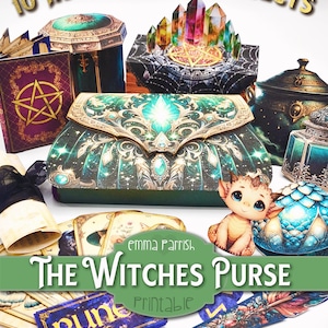 Puede incluir: Una variedad de proyectos imprimibles de fantasía, incluyendo un bolso, cajas y un caldero. La imagen presenta el texto "10 Interactive Projects" y "The Witches Purse Printable". La paleta de colores incluye verde azulado, dorado y morado.