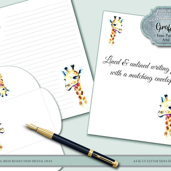 Giraffe Writing Paper Stationery Set, Matching Envelope, A4 & US Letter Lined and Unlined Plain Notepaper, Printable Instant Download