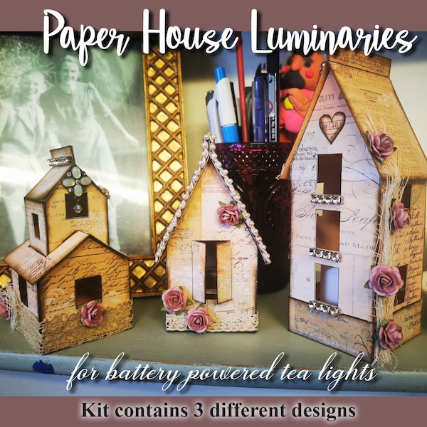 Papieren huizen afdrukbare kit, papieren lantaarn, armaturen, sprookjeshuis, volwassen papercraft kit, kersthuizen, decoratie, lantaarn, papieren model