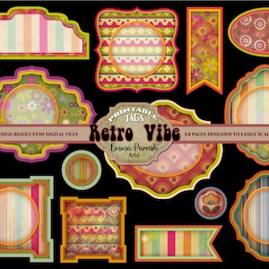 Etiquetas para diarios basura retro, elementos grunge vintage imprimibles, adornos de collage de álbumes de recortes hippies de los años 60, complementos de efímeras hippies vintage