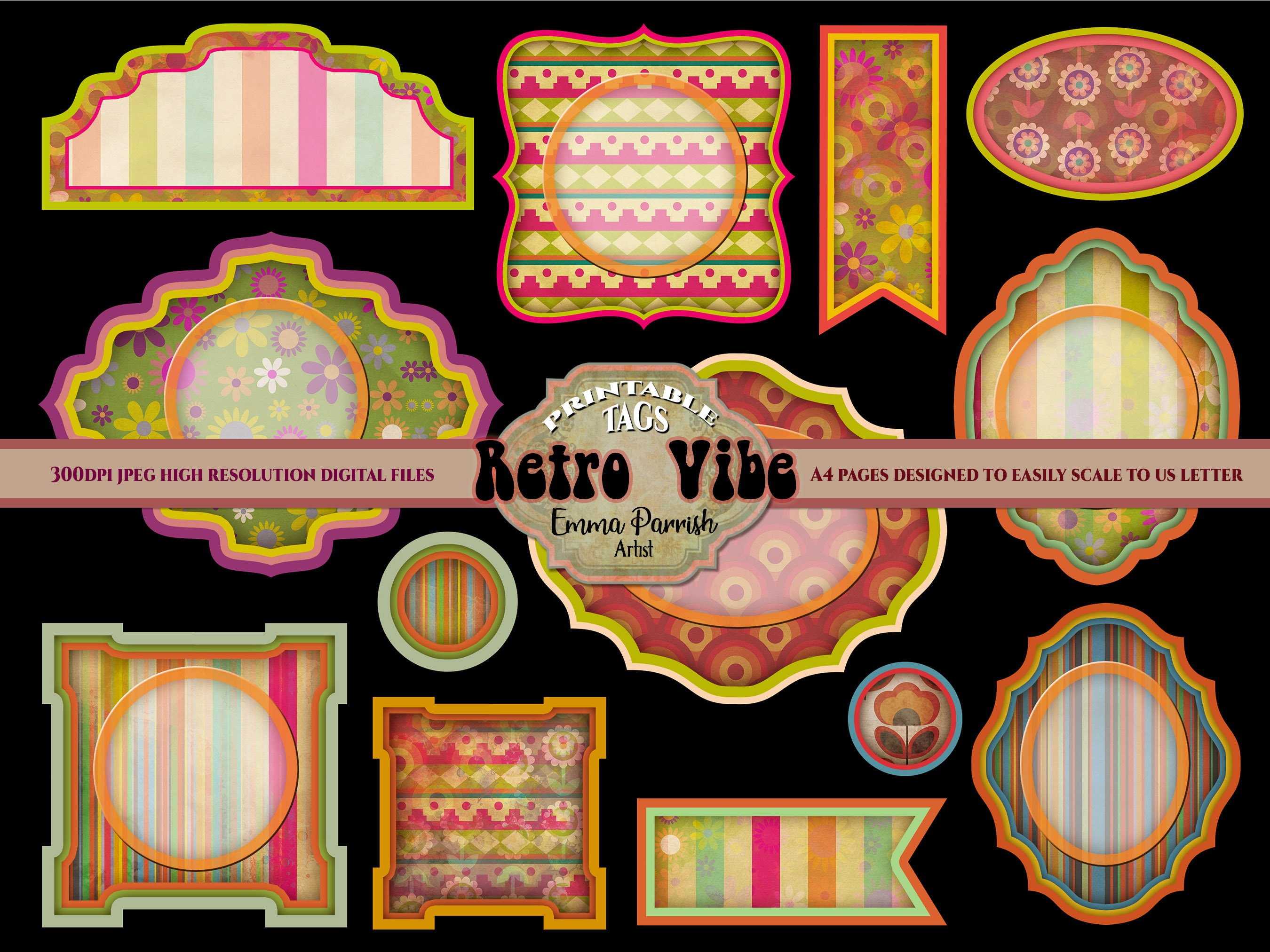 Retro Junk Journal Tags, Printable Vintage Grunge Elements, 1960s Hippie Scrapbook Collage Embellishments, Hippy Vintage Ephemera Add ons