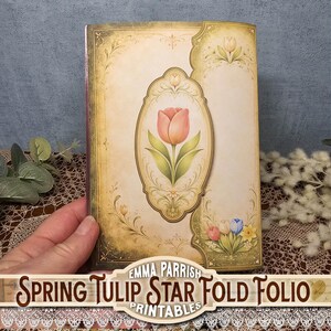 Może przedstawiać: Folio w stylu vintage z ilustracją r&oacute;żowego tulipana w owalnej ramie. Okładka ma kremowe tło z kwiatowymi akcentami i tekstem "Spring Tulip Star Fold Folio". Folio jest trzymane przez rękę.