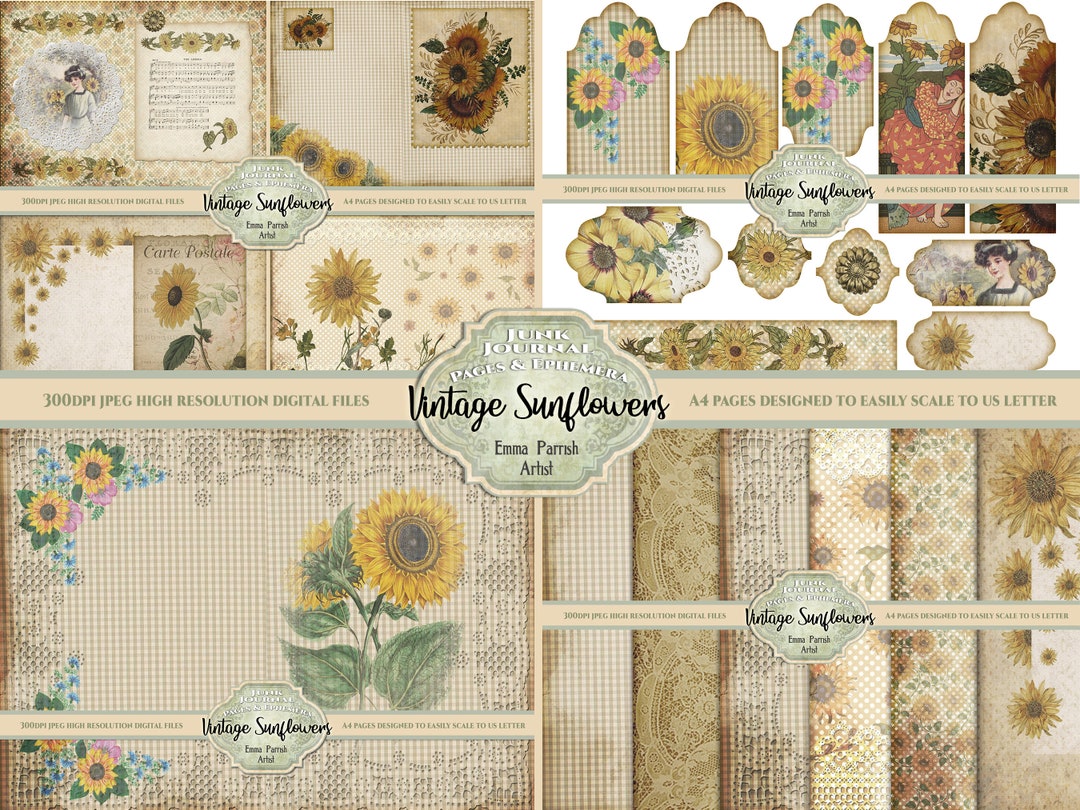 Junk Journal Vintage Sunflowers Digital Kit, Gingham Ephemera Scrapbook ...