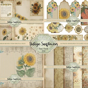 Junk Journal Vintage Sunflowers Digital Kit, Gingham Ephemera Scrapbook Collage DIY Set, Home Print Instant Download